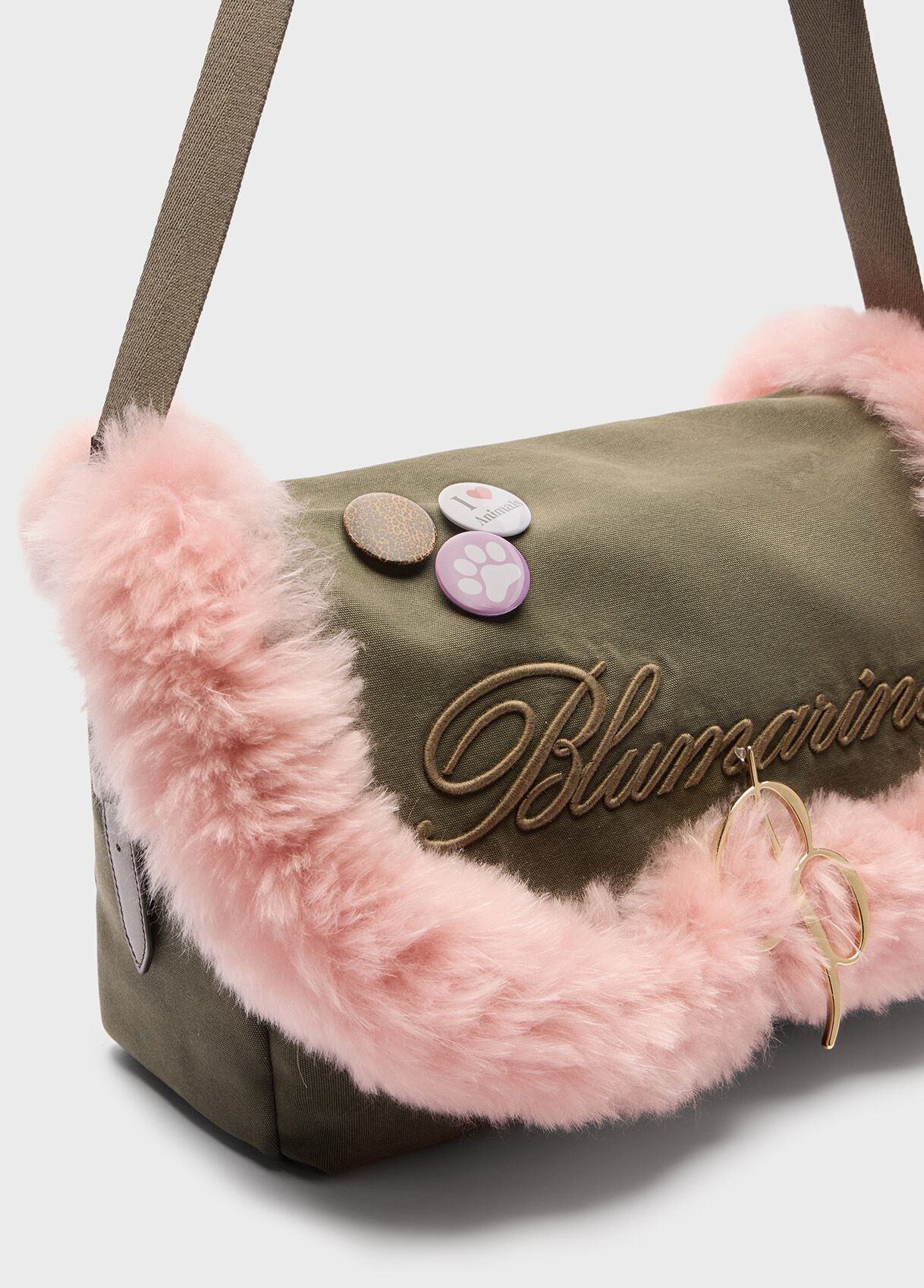 Green Messenger shoulder bag large in canvas with faux fur