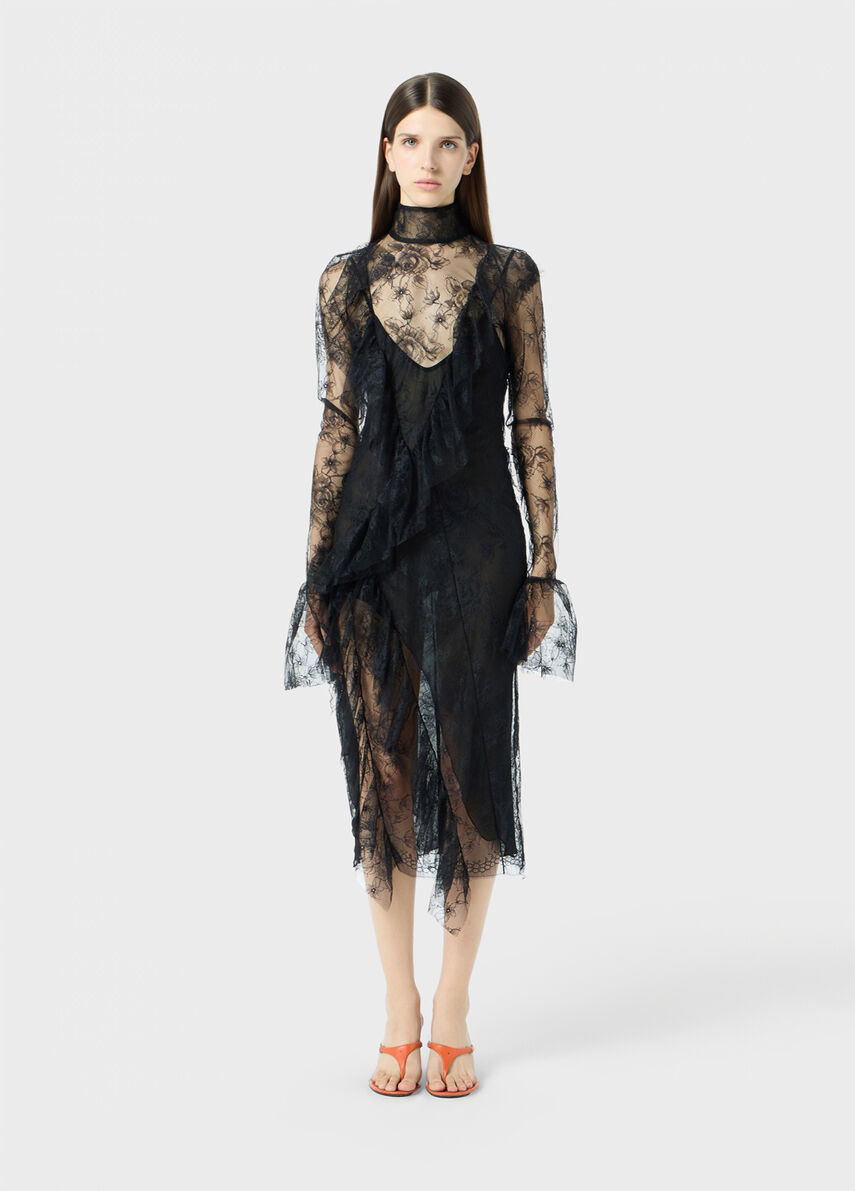 Chantilly lace midi dress with flounces