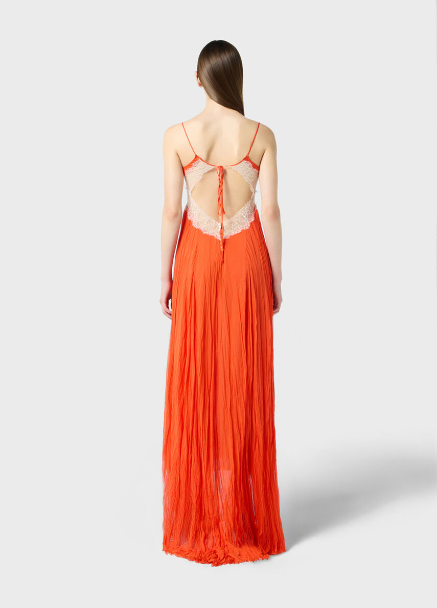 Long pleated georgette dress with lace inserts Long pleated georgette dress with lace inserts