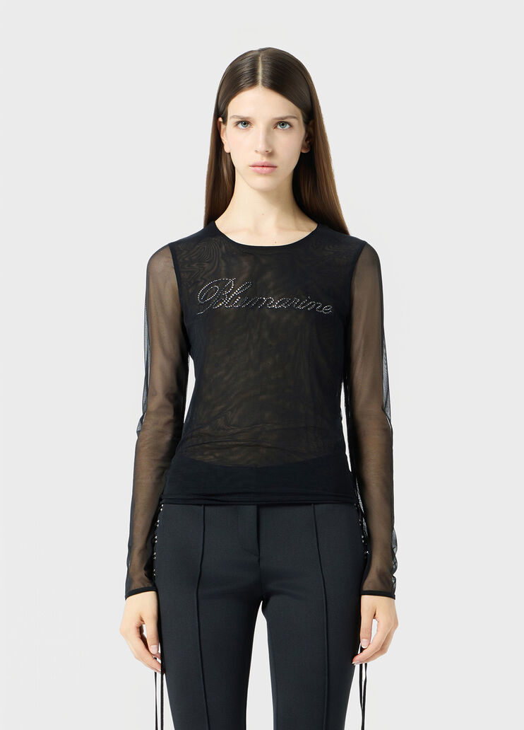 Stretch tulle top with blumarine logo in rhinestones  Blumarine - medium