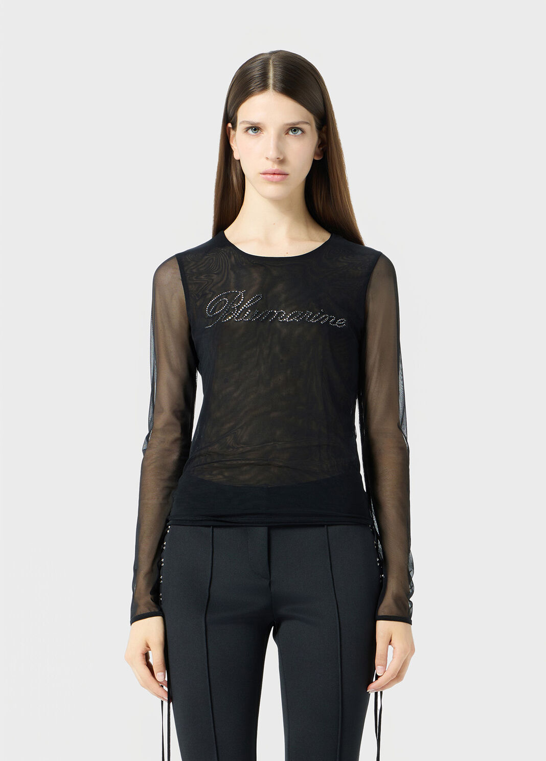 Stretch tulle top with blumarine logo in rhinestones  Blumarine - large image number 0