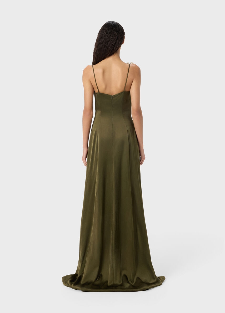 BLUMARINE - Long satin dress with butterfly and slit, bronze green, Size: 42 BLUMARINE - Long satin dress with butterfly and slit, bronze green, Size: 42