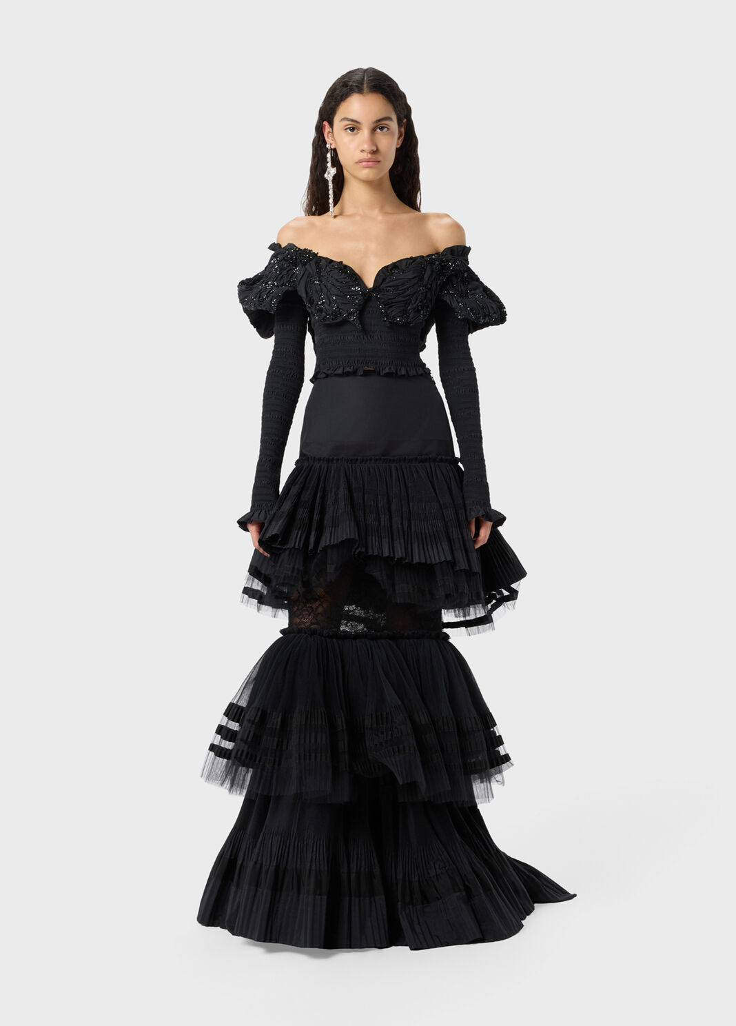 Gonna lunga in taffeta pliss&eacute; con inserti in pizzo e balze in tulle.  Blumarine - large image number 3