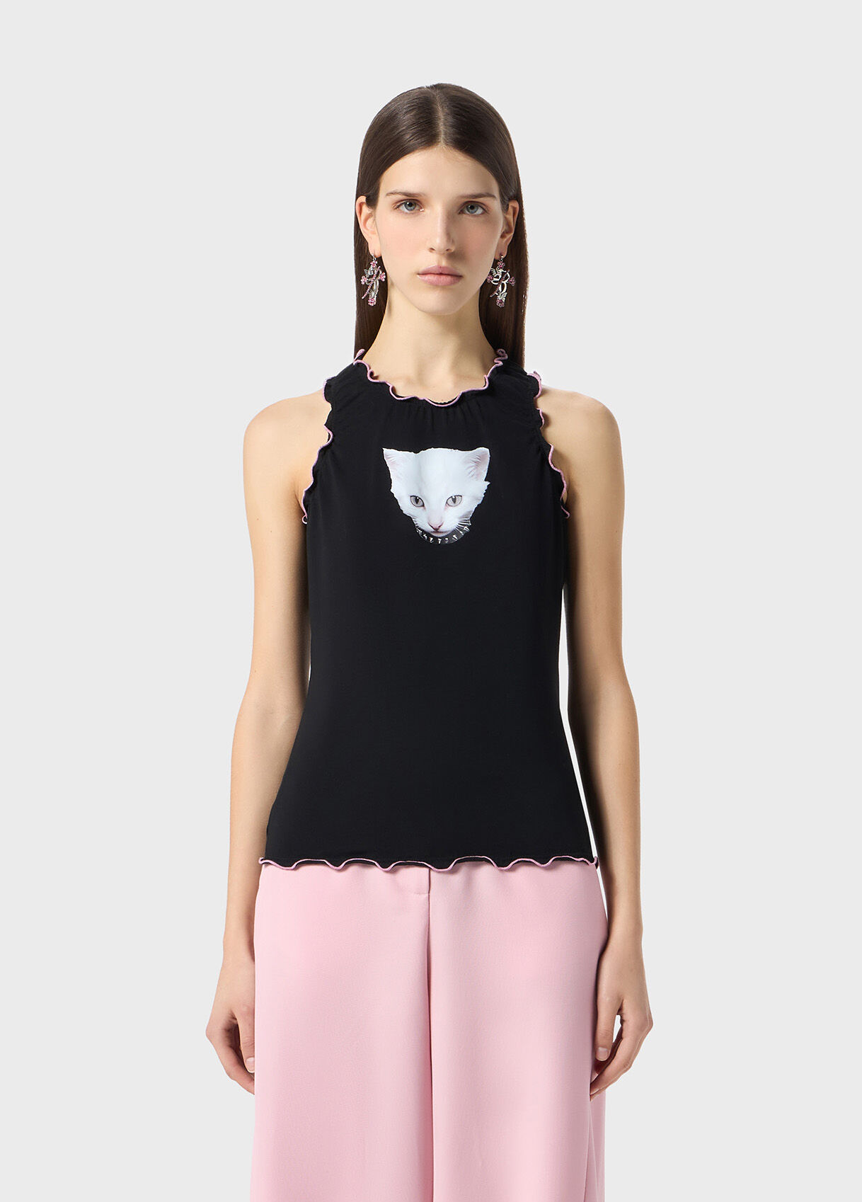 Jersey top with kitten print and ruffles - Blumarine