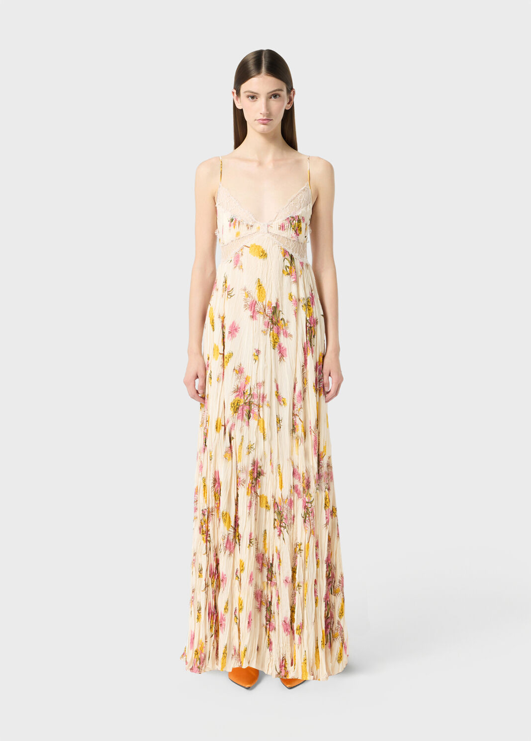 Long pleated georgette dress with print and lace  Blumarine - large image number 0