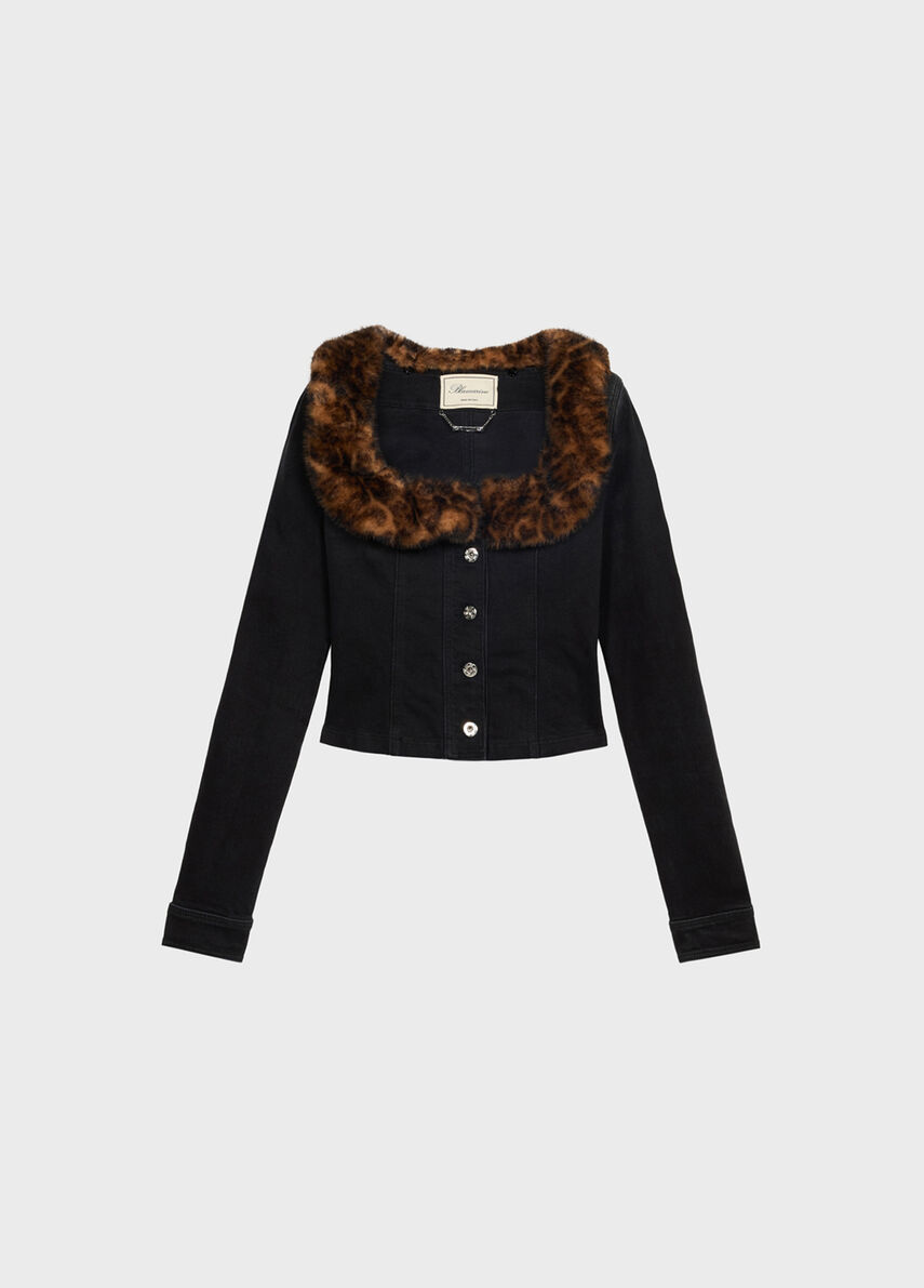 Blumarine*ブルマリン シルク100% ベロア ヴィンテージジャケット Denim jacket with faux fur collar