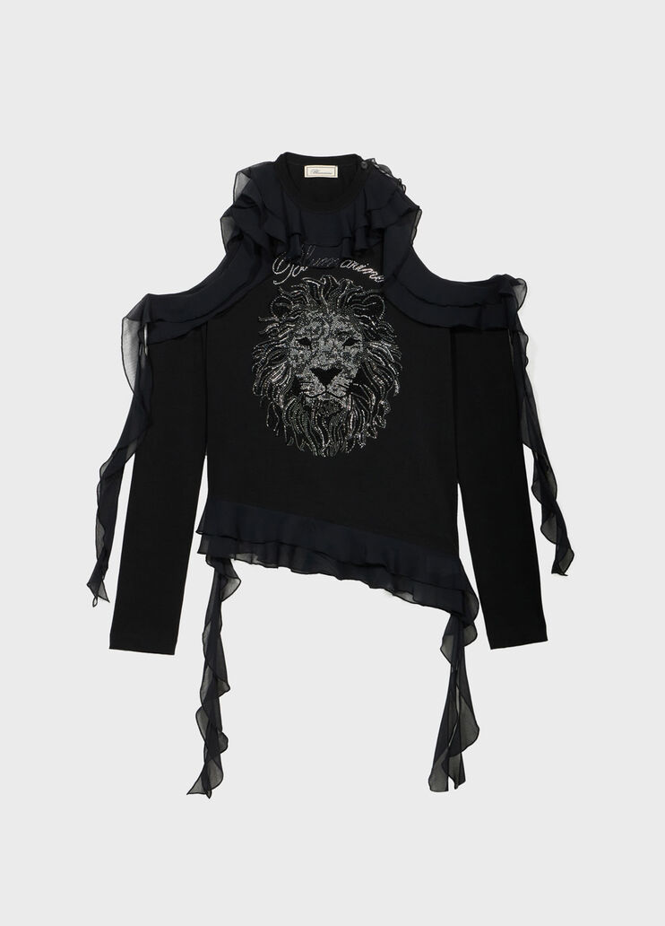 Jersey T-shirt with flounce, logo and rhinestone embroidery  Blumarine - medium