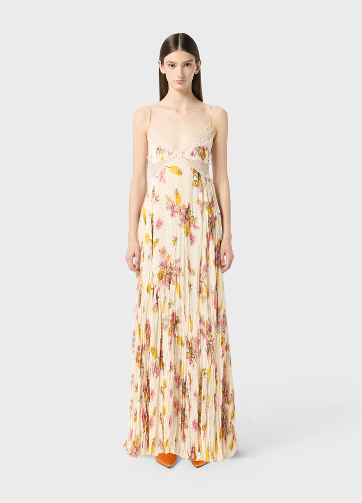 Langes bedrucktes Kleid aus plissiertem Georgette mit Spitze  Blumarine - medium