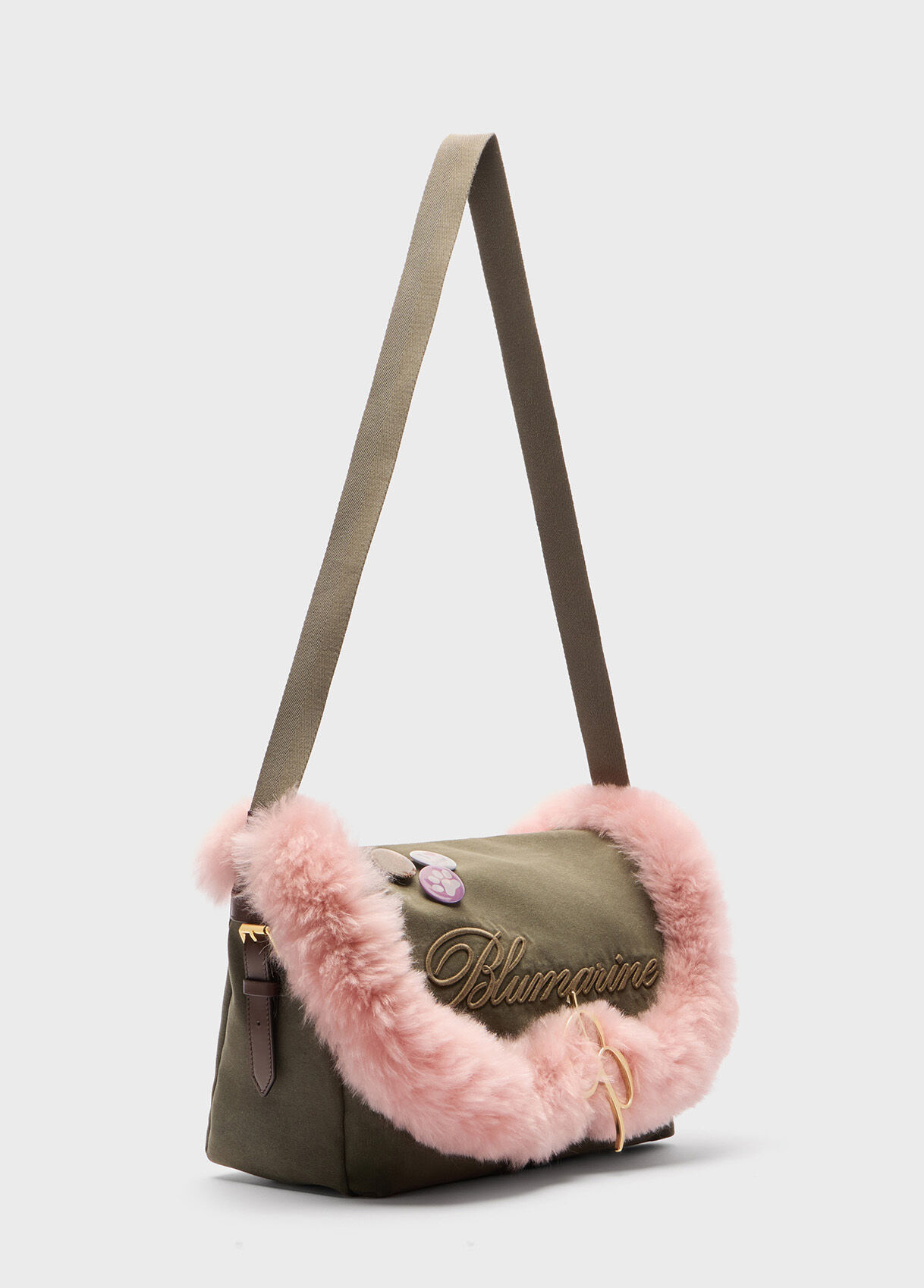 Green Messenger shoulder bag large in canvas with faux fur