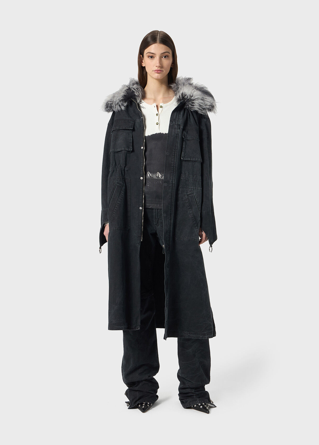 Black Canvas parka jacket with faux fur collar - Blumarine US