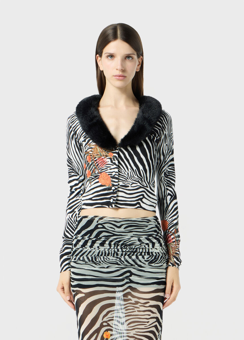 Cardigan with embroidery and faux fur collar - Blumarine