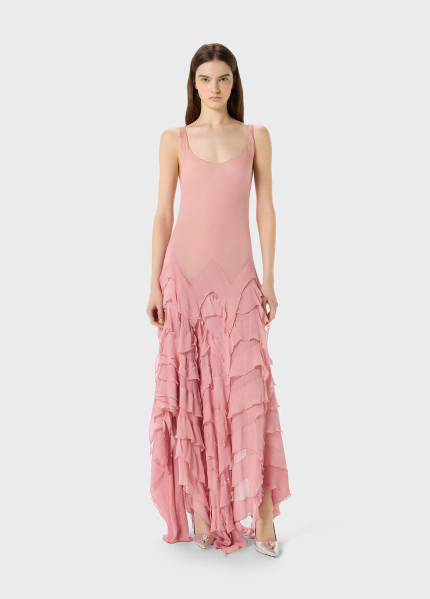 BLUMARINEピンクアンサンブル Long georgette dress with ruffles - Blumarine