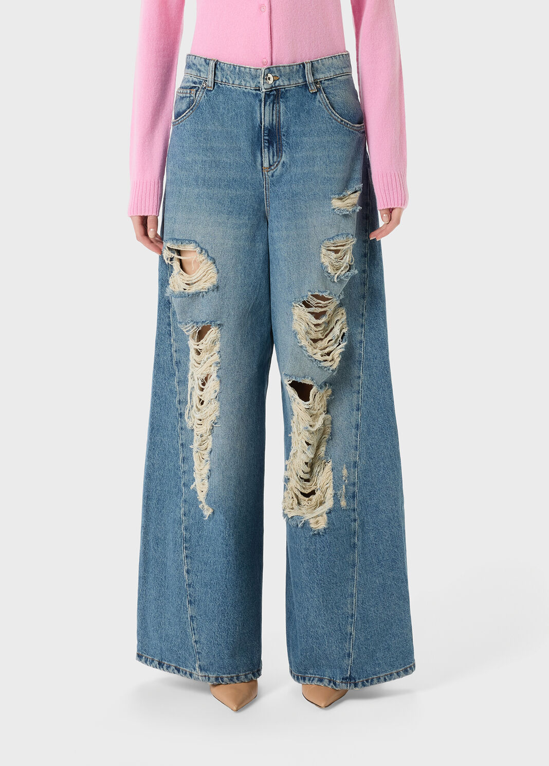 Destroyed superwide-leg jeans with scalloped lace details  Blumarine - large image number 0