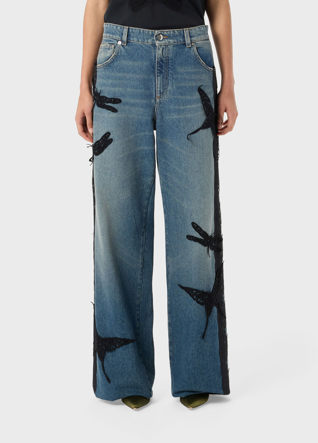 Flare jeans with butterfly embroidery and lace bands  Blumarine - large image number 0