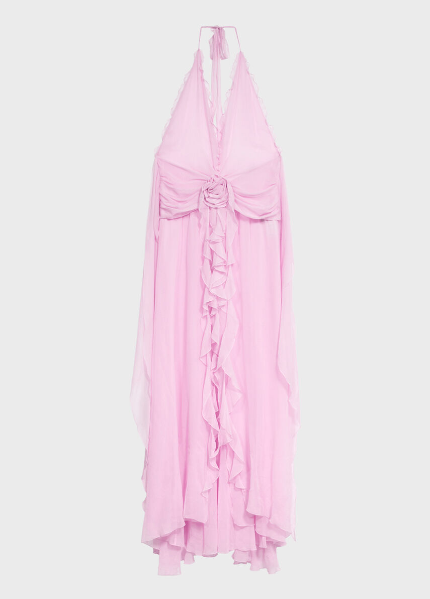 lisa brown poppy dress Long viscose georgette with rose and ruffles XUIBOL High-Quality Elastic Sequin collection_colors-dress_Colors Dress Size:16.5 Large 36-37 Sleeve Fall is made for