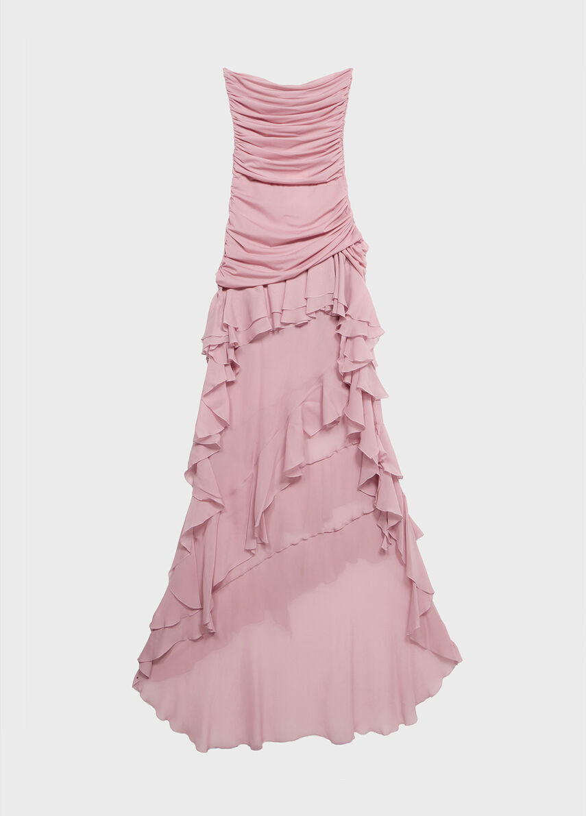 Asymmetrical georgette and jersey dress with gathering and ruffles - Blumarine Asymmetrical georgette and jersey dress with gathering and ruffles - Blumarine