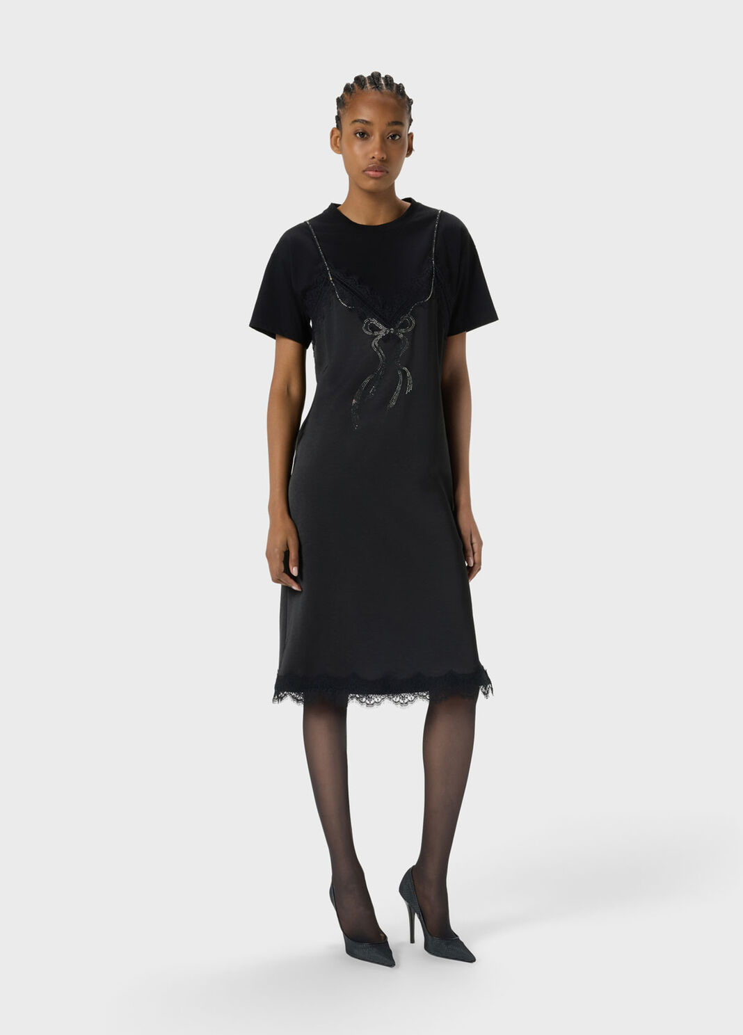 Dress with slip-effect rhinestone embroidery and lace  Blumarine - large image number 3
