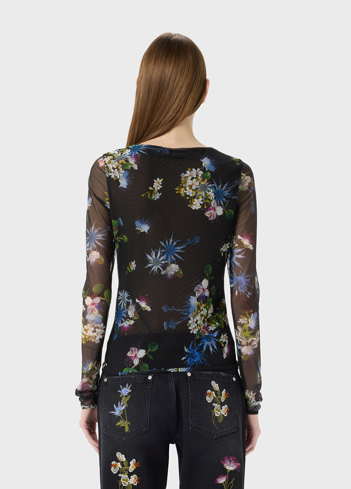 BLUMARINE花柄トップス Tulle printed t-shirt with rhinestone logo - Blumarine