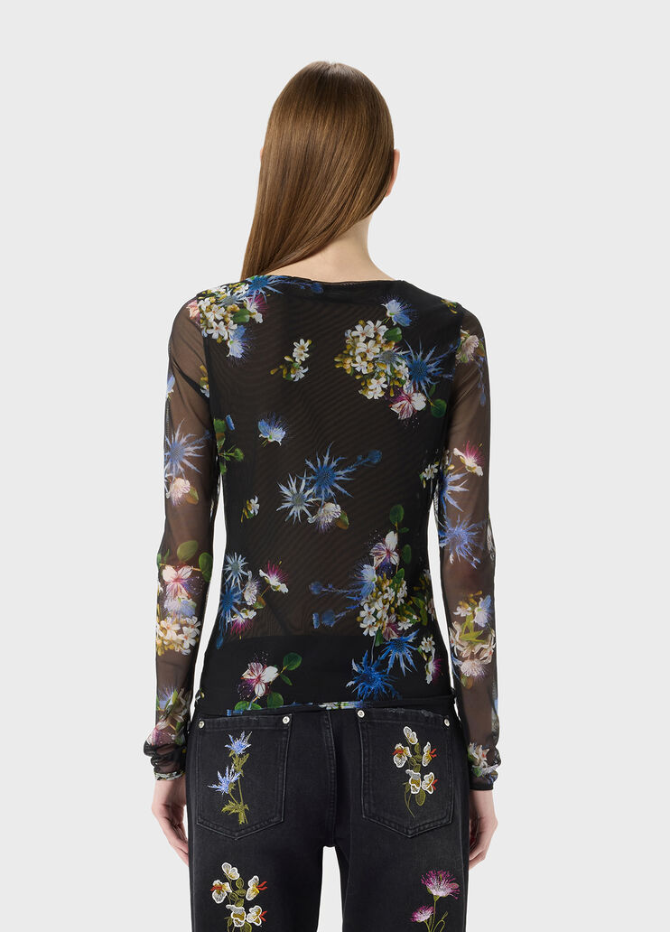 T-shirt in tulle a stampa con logo in strass  Blumarine - large image number 1