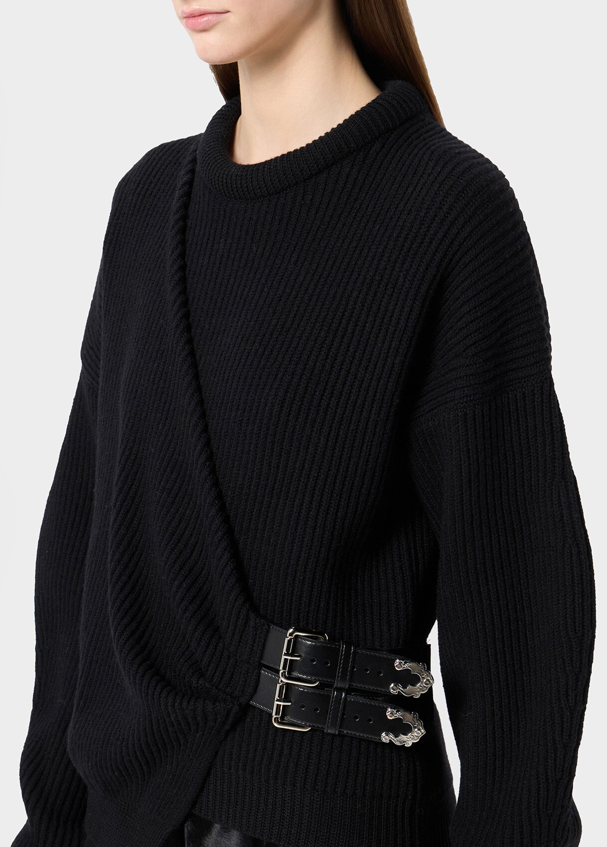 Ribbed wool sweater with straps and buckles - Blumarine Ribbed wool sweater with straps and buckles - Blumarine