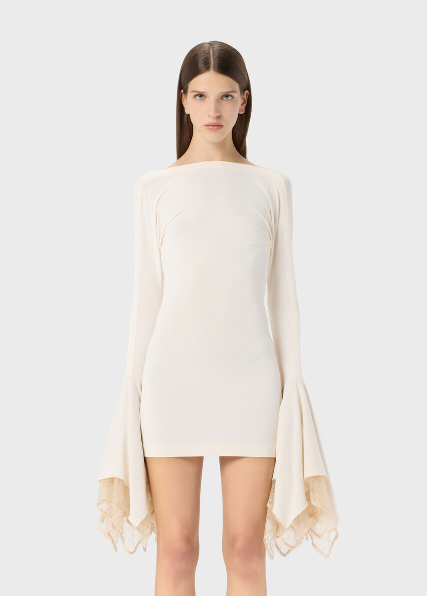 Short jersey dress with lace ruffles
