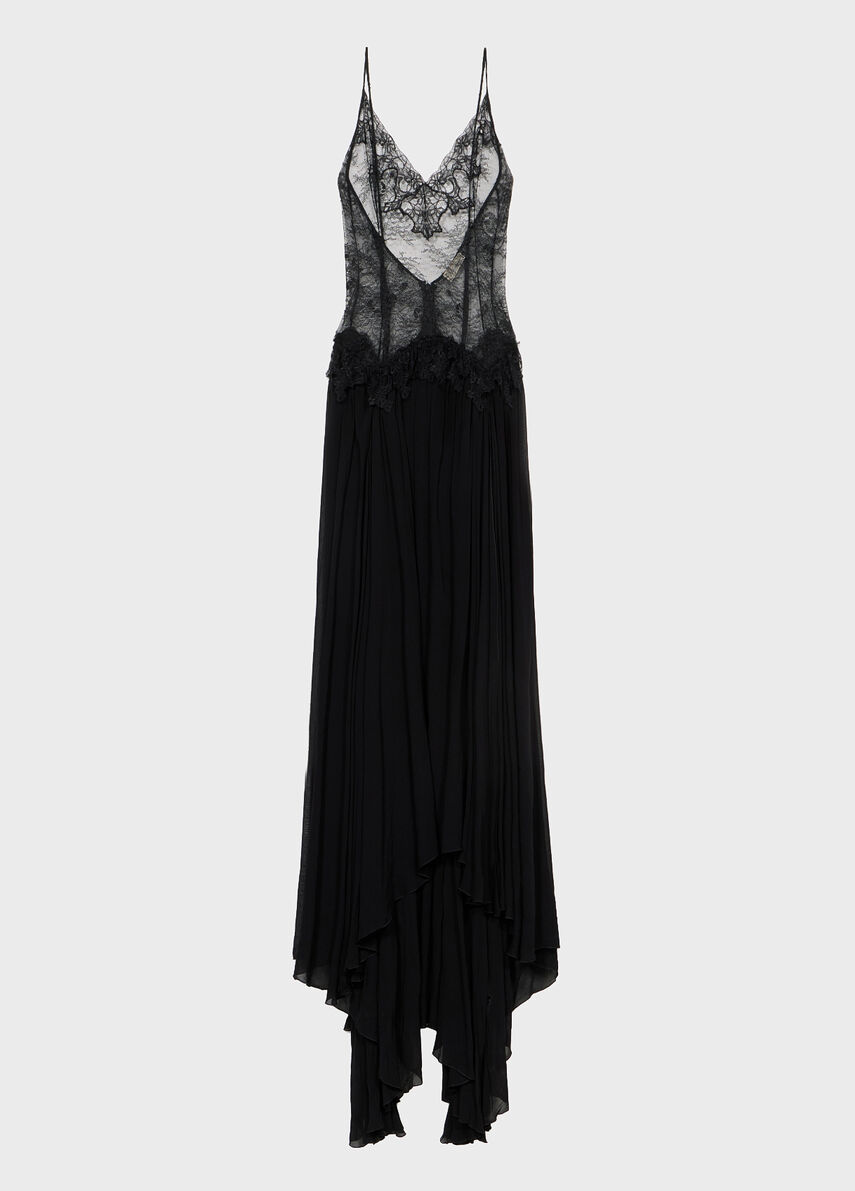 MARLEN マーレン オデュッセイア スリムライン ブラックバーレイ Long dress in Chantilly lace and georgette - Blumarine