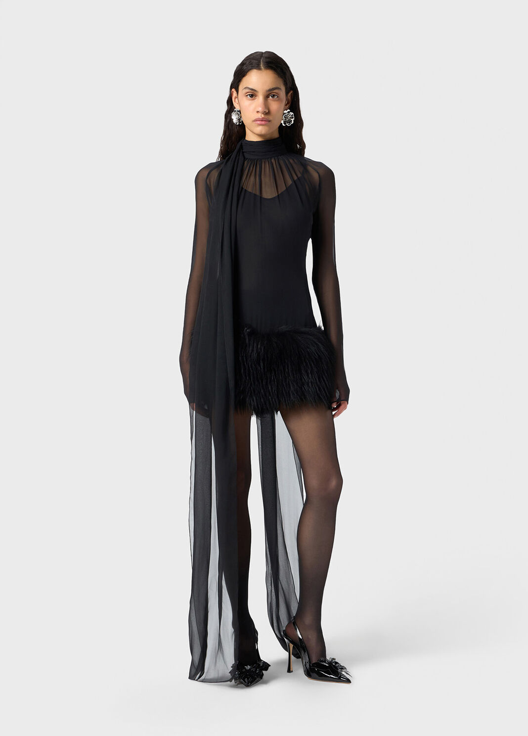 Silk georgette dress with fur  Blumarine - large image number 3