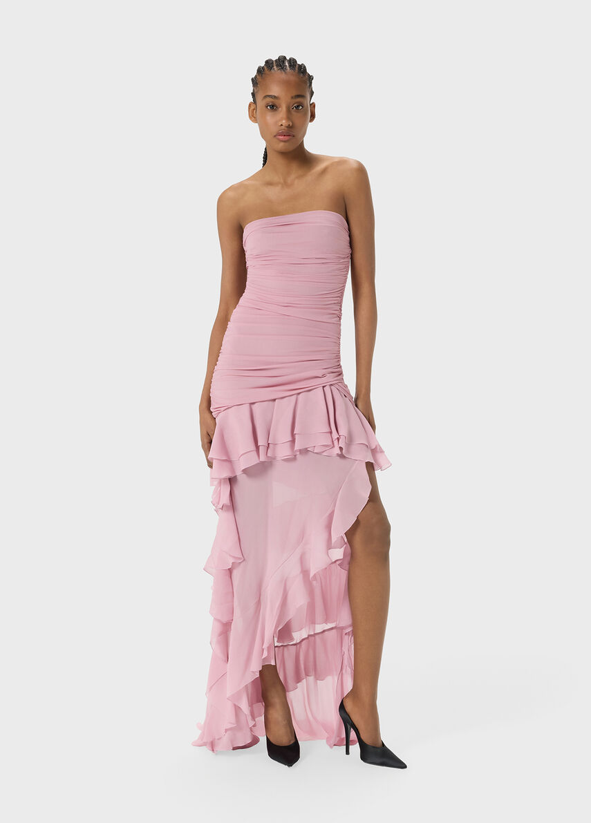 Asymmetrical georgette and jersey dress with gathering and ruffles Asymmetrical georgette and jersey dress with gathering and ruffles