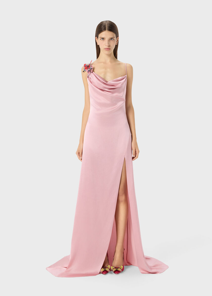 Long satin dress with butterfly and slit - Blumarine