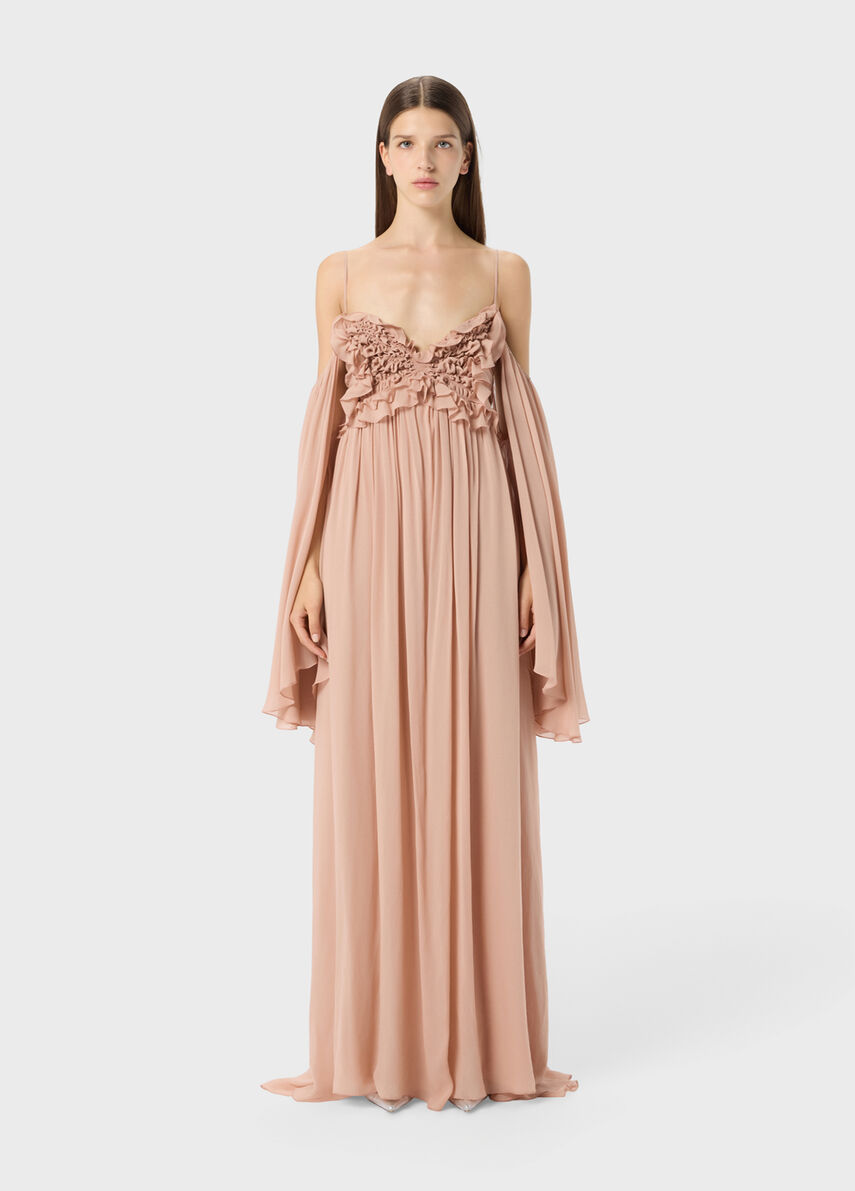 off shoulder georgette dress Georgette Long Sleeve Puff Off-shoulder Plain Tall Dress  ElinaFashion.com