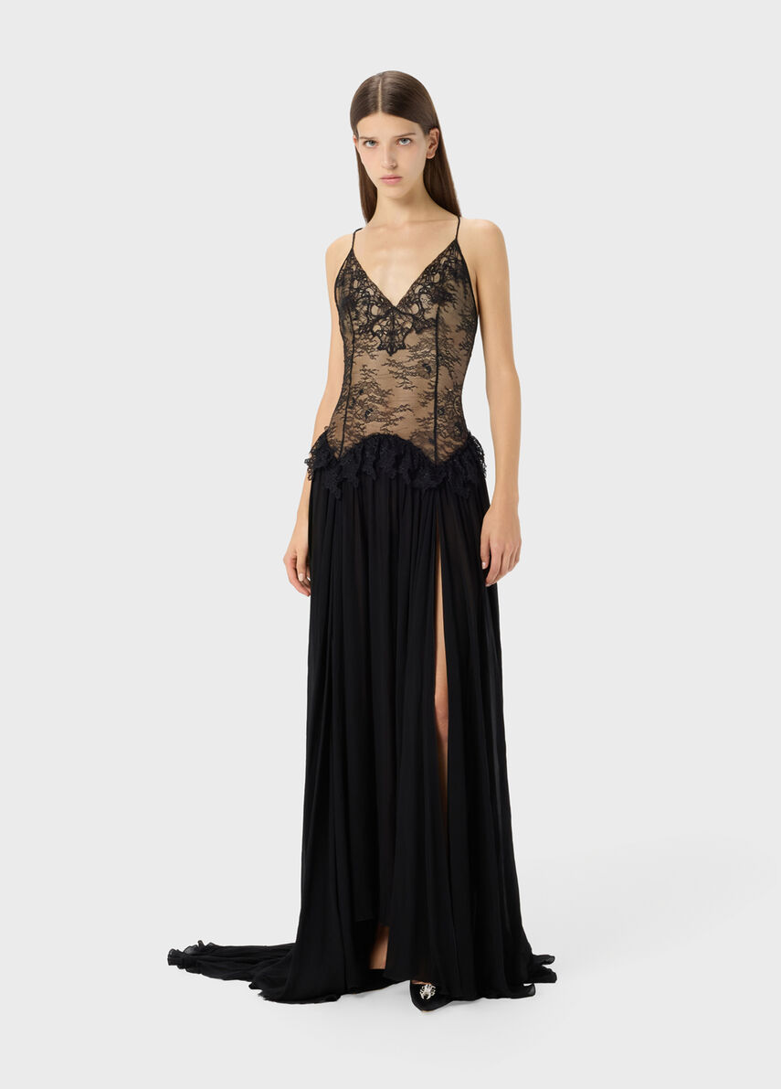 Blumarine シルク100% 半袖ニット リボン装飾 ブラック Long dress in Chantilly lace and georgette - Blumarine