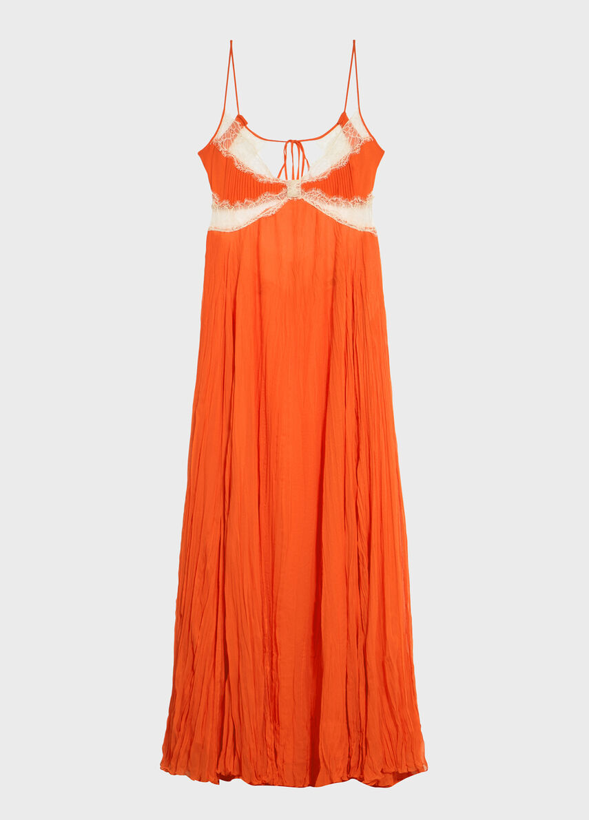 Long pleated georgette dress with lace inserts - Blumarine