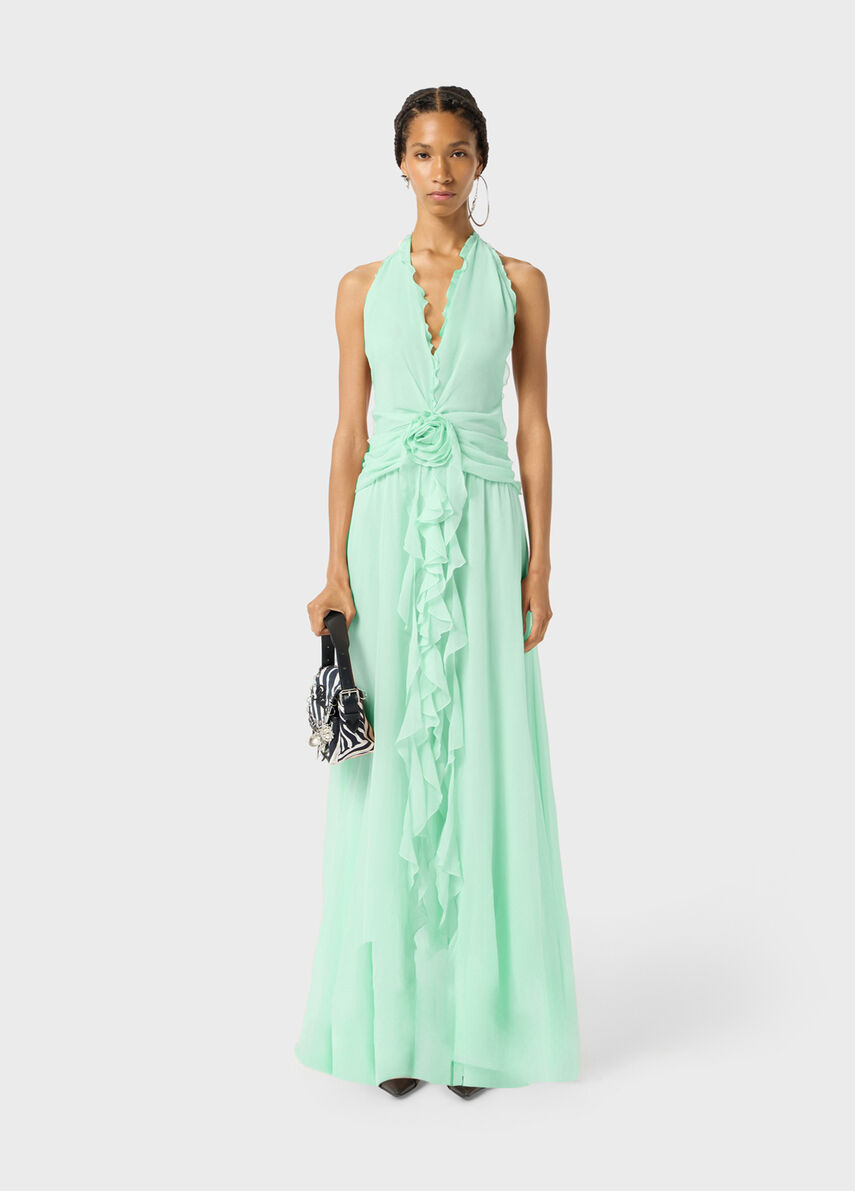 Long viscose georgette dress with rose and ruffles - Blumarine