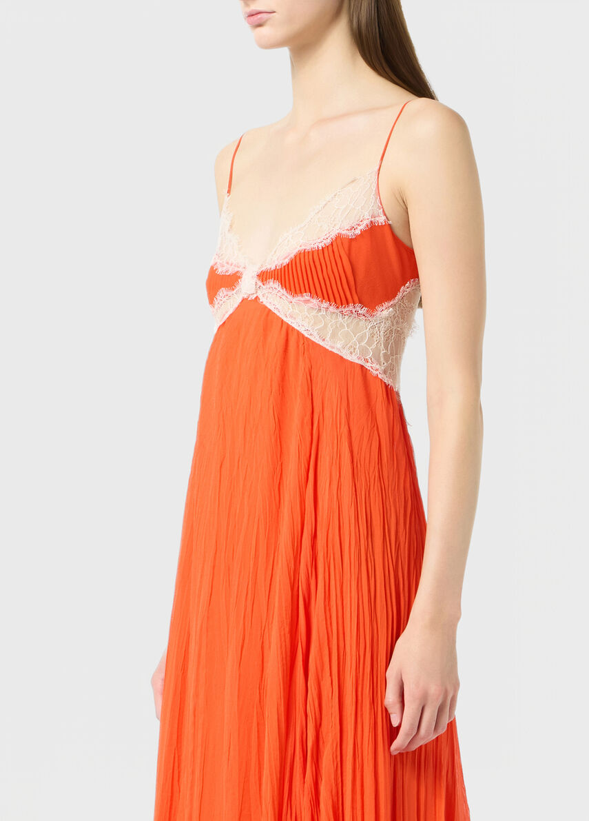 Long pleated georgette dress with lace inserts Long pleated georgette dress with lace inserts