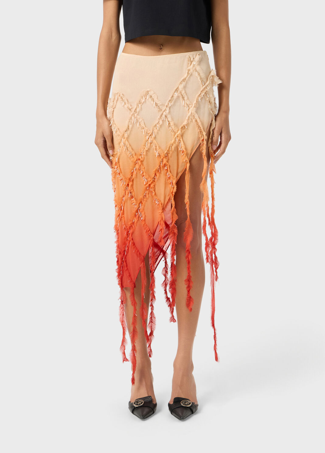 Asymmetrical crepon skirt with embroidery and fringing  Blumarine - large image number 0