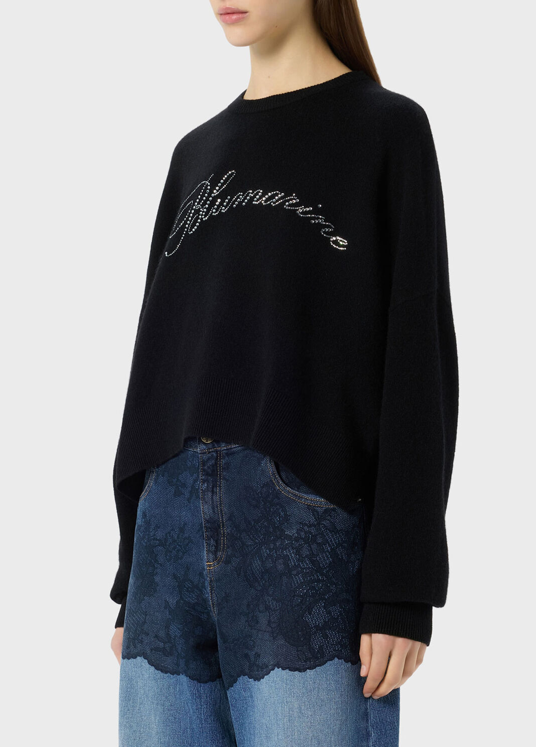 Wool jumper with rhinestone-detailed logo embroidery  Blumarine - large image number 2