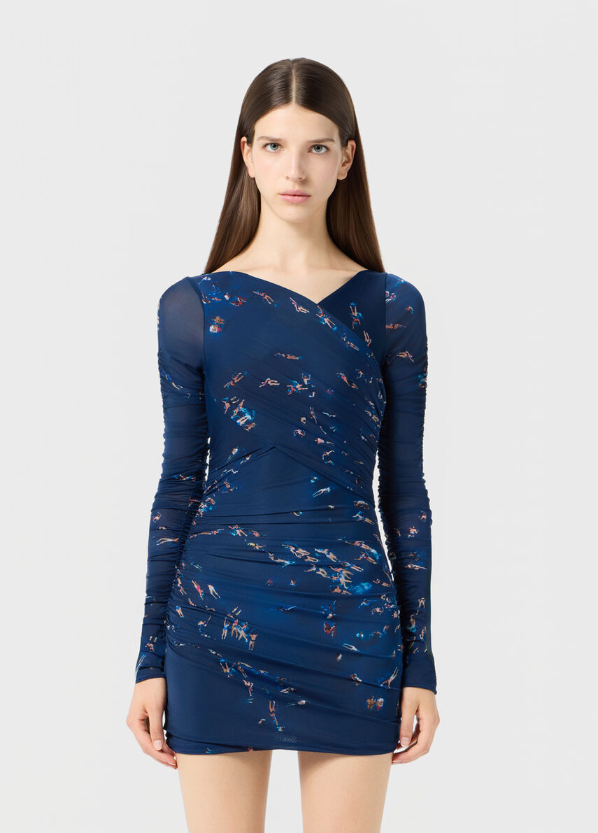 BLUMARINE - Short printed second-skin jersey dress, blue/red, Size: 40