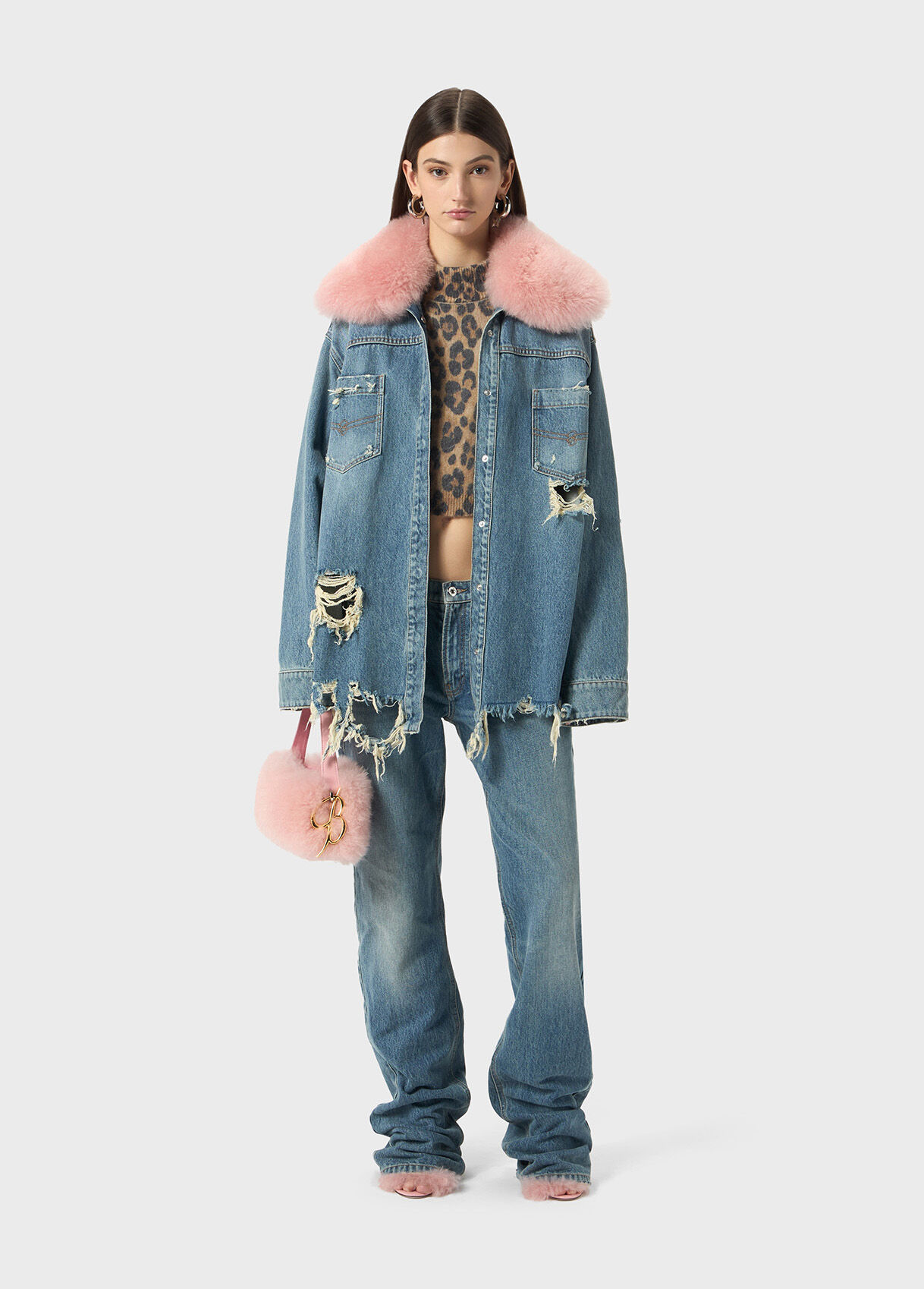 Blue Denim shirt with faux fur collar | Blumarine US