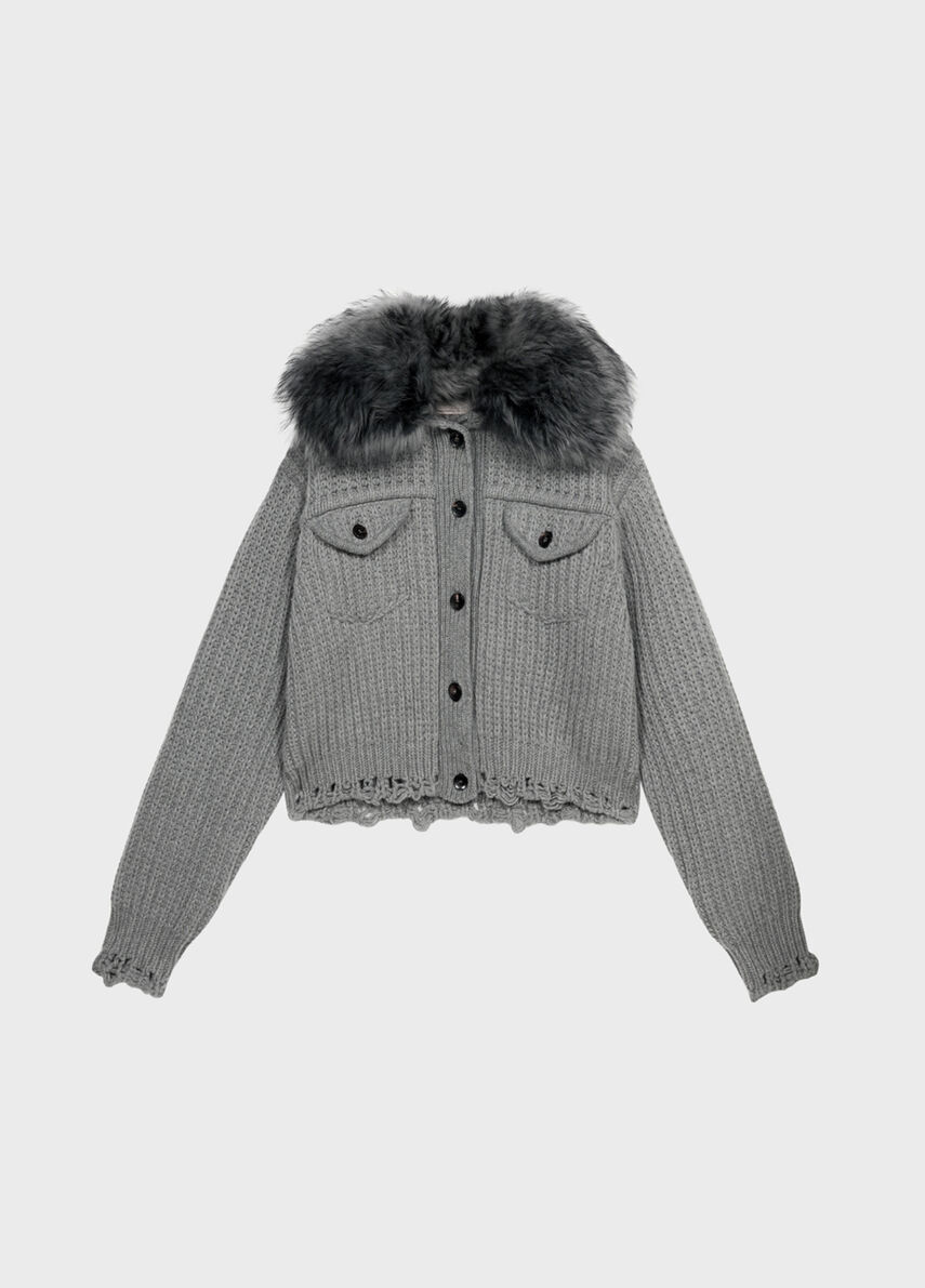 Wool cardigan with faux fur collar