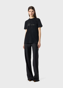 Jersey t-shirt with blumarine logo embroidery in rhinestones