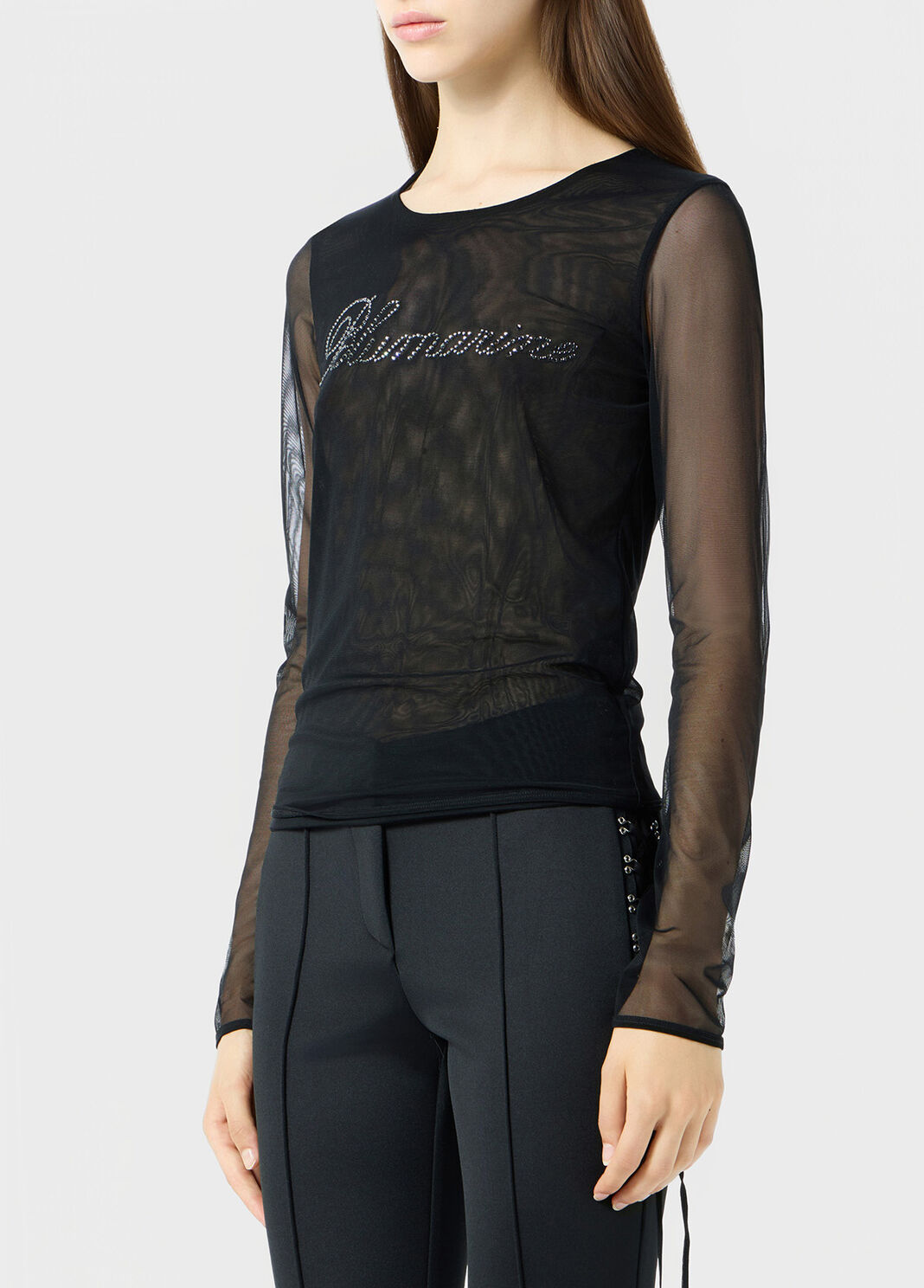 Stretch tulle top with blumarine logo in rhinestones  Blumarine - large image number 2