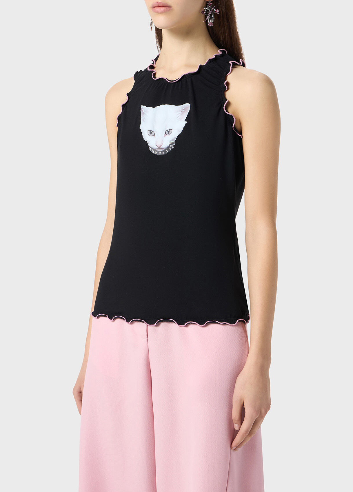 Jersey top with kitten print and ruffles - Blumarine