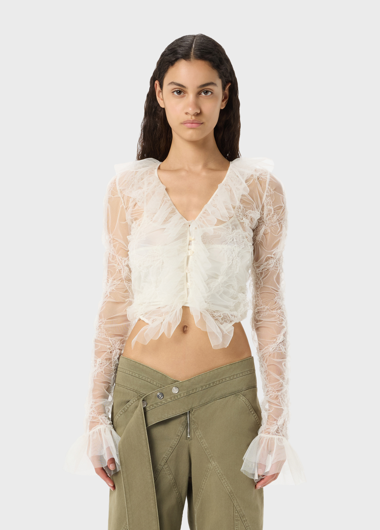 Cropped cardigan in crinkled tulle with embroidery and ruffles