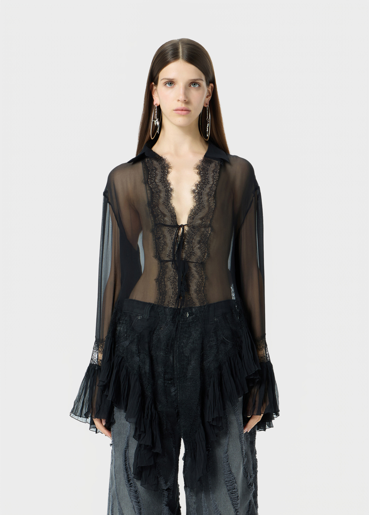 Georgette shirt with lace and pleated ruffle - Blumarine