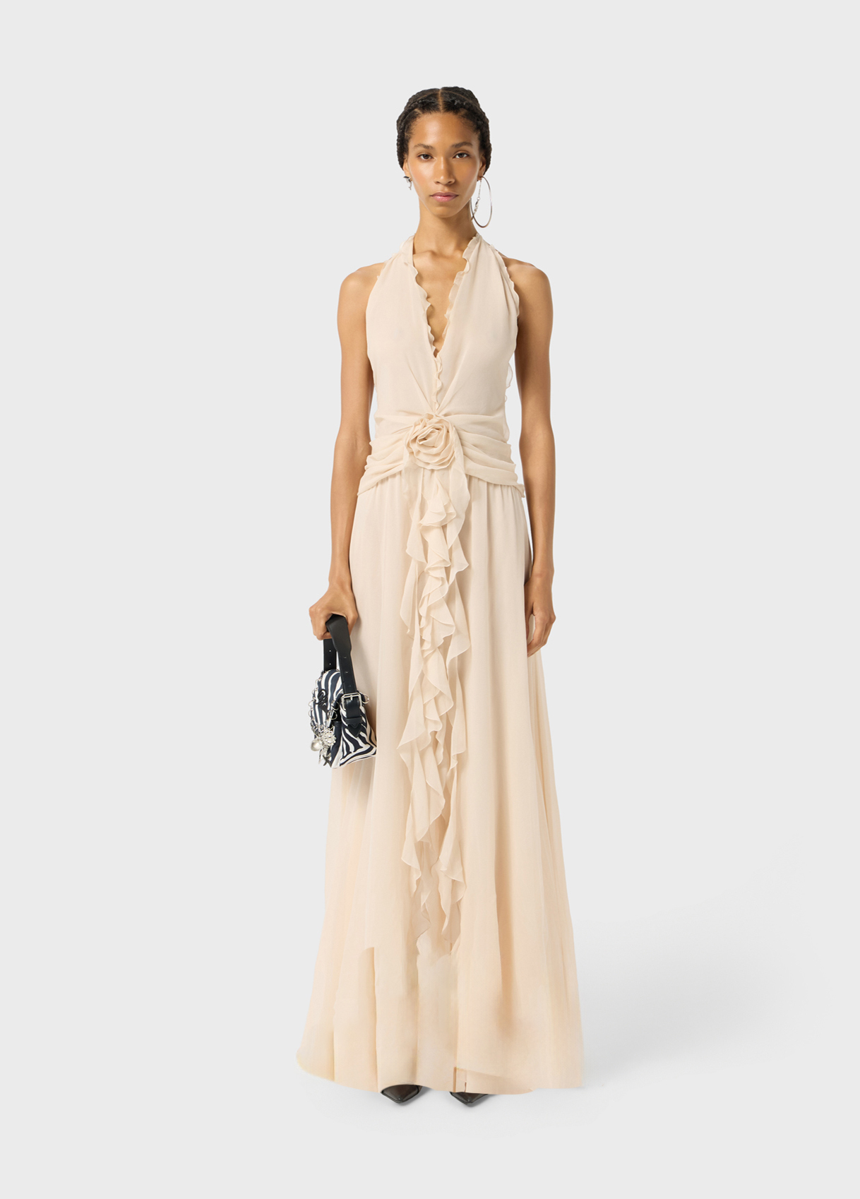 Long viscose georgette dress with rose and ruffles - Blumarine