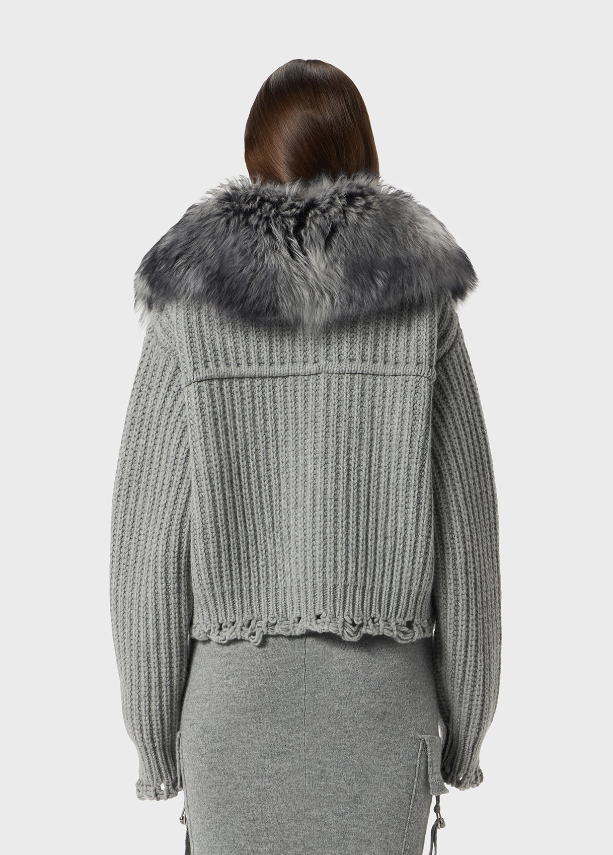 Wool cardigan with faux fur collar