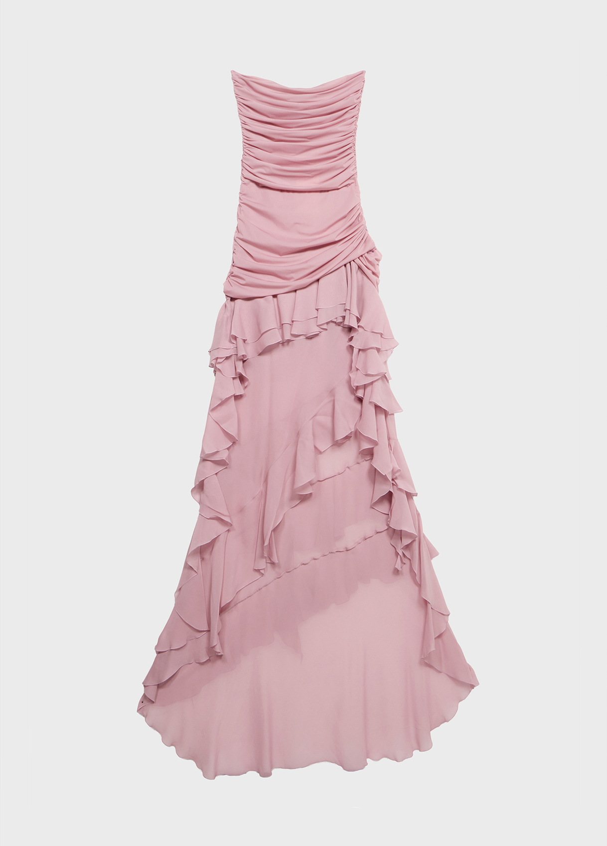 Asymmetrical georgette and jersey dress with gathering and ruffles