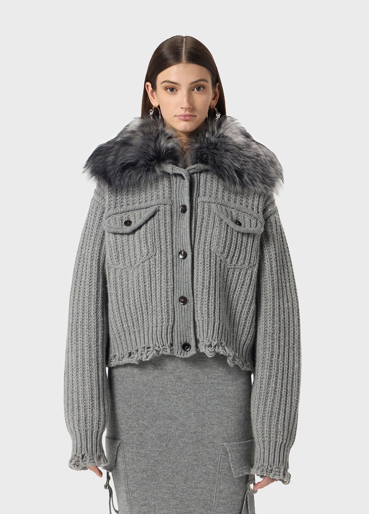Wool cardigan with faux fur collar