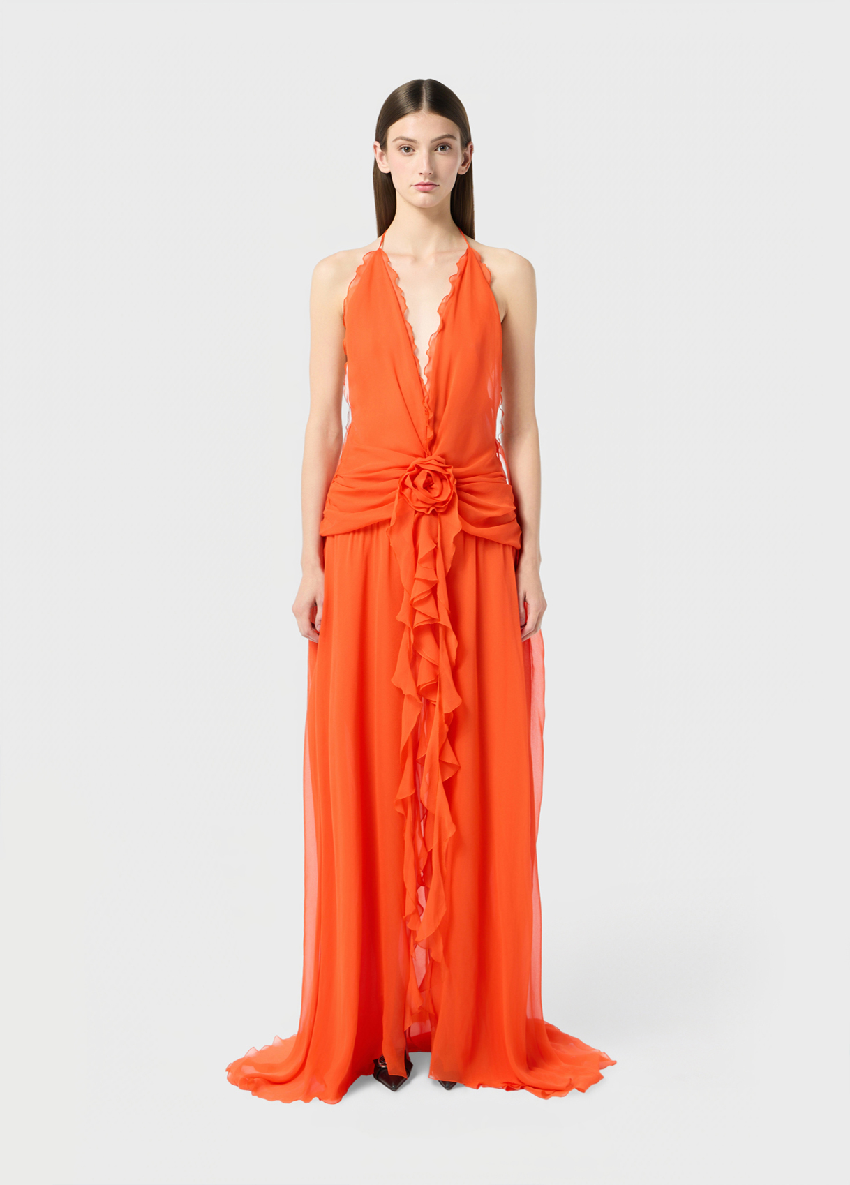 Long viscose georgette dress with rose and ruffles - Blumarine