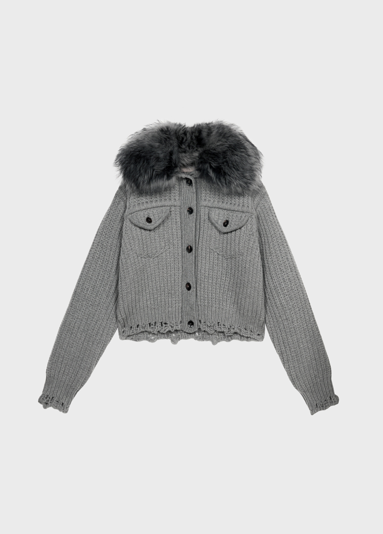 Wool cardigan with faux fur collar